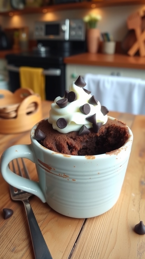 A chocolate mug cake topped with whipped cream and chocolate chips, on a wooden table with a fork.